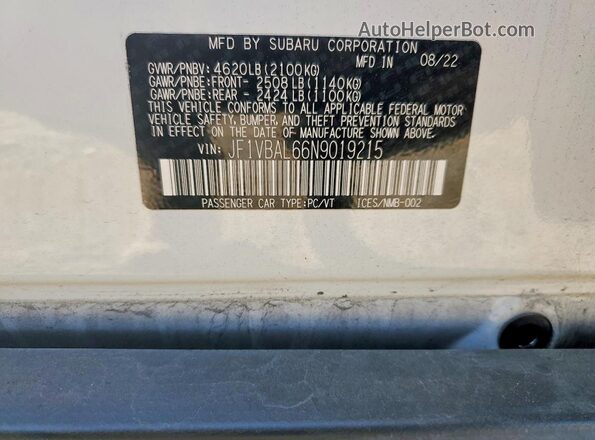 JF1VBAL66N9019215 2022 SUBARU WRX White Widok naklejki z numerem VIN