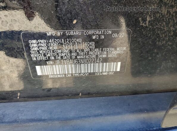 JF1VBAU63N8022142 2022 SUBARU WRX Black Vista de la etiqueta del VIN