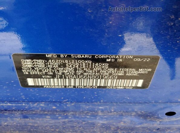 JF1VBAU66N8019669 2022 SUBARU WRX Синий Вид подкапотного пространства
