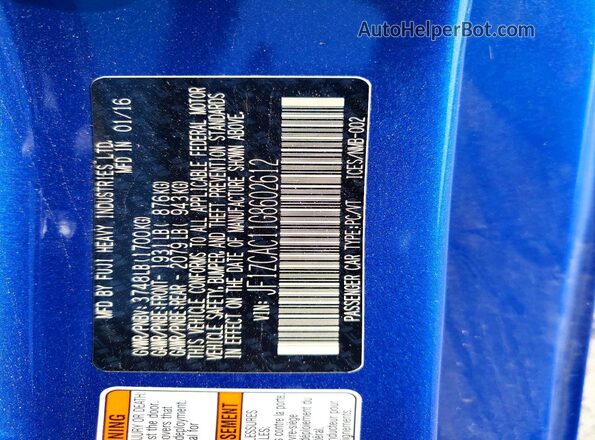 JF1ZCAC11G8602612 2016 SUBARU BRZ Синий Вид наклейки с VIN-кодом