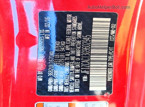 JF1ZCAC13G9602945 2016 SUBARU BRZ Red Widok komory silnika