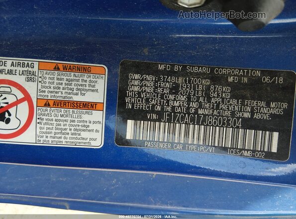 JF1ZCAC17J8603304 2018 SUBARU BRZ Blue Widok komory silnika
