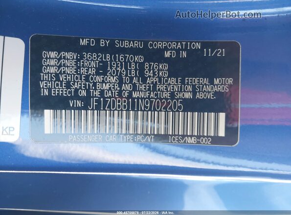 JF1ZDBB11N9702205 2022 SUBARU BRZ Синий Вид подкапотного пространства