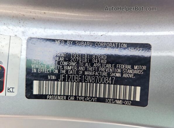 JF1ZDBF19N8700847 2022 SUBARU BRZ Серебряный Вид наклейки с VIN-кодом