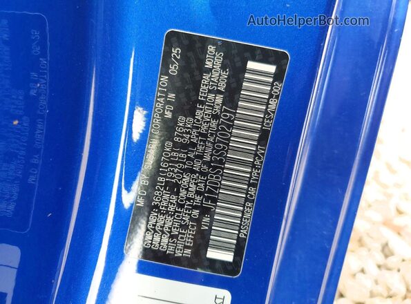 JF1ZDBS13S9702797 2025 SUBARU BRZ Blue Vista del compartimento del motor