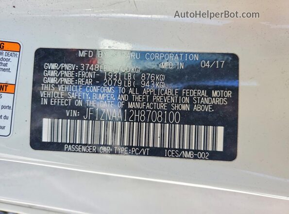 JF1ZNAA12H8708100 2017 TOYOTA 86 White Вид підкапотного простору