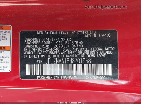 JF1ZNAA18H8701958 2017 TOYOTA 86 Red Widok komory silnika