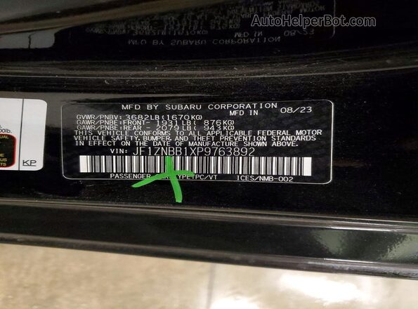 JF1ZNBB1XP9763892 2023 TOYOTA GR86 Черный Вид наклейки с VIN-кодом