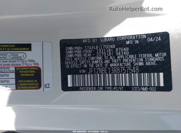 JF1ZNBE13R8757548 2024 TOYOTA GR86 White Widok komory silnika