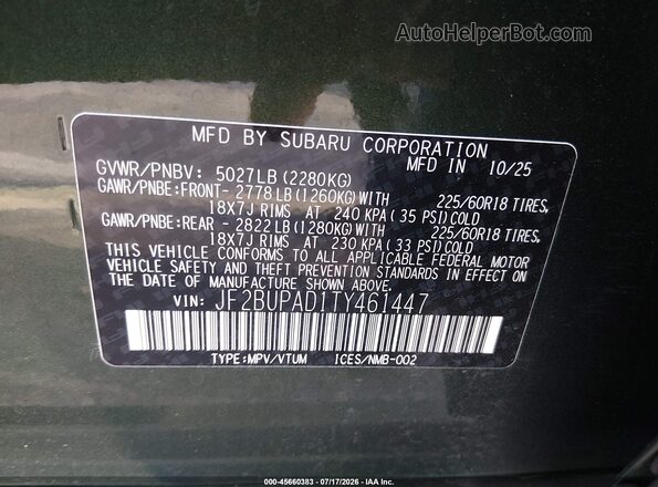JF2BUPAD1TY461447 2026 SUBARU OUTBACK Green Շարժիչի բաժամունքի տեսք