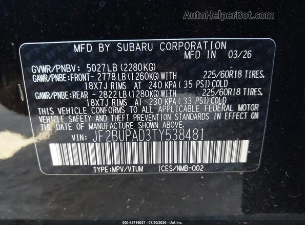 JF2BUPAD3TY538481 2026 SUBARU OUTBACK Black Engine compartment view