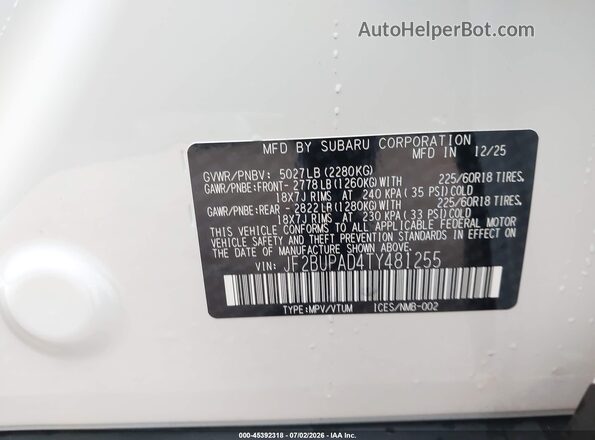 JF2BUPAD4TY481255 2026 SUBARU OUTBACK White Widok komory silnika