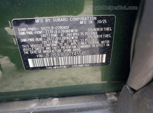 JF2BUPAD9TY455461 2026 SUBARU OUTBACK Зеленый Вид наклейки с VIN-кодом