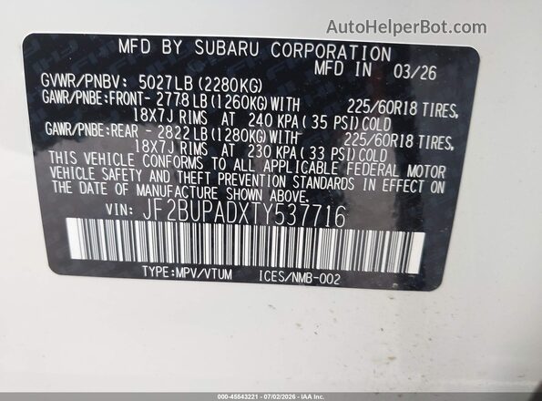 JF2BUPADXTY537716 2026 SUBARU OUTBACK Белый Вид подкапотного пространства