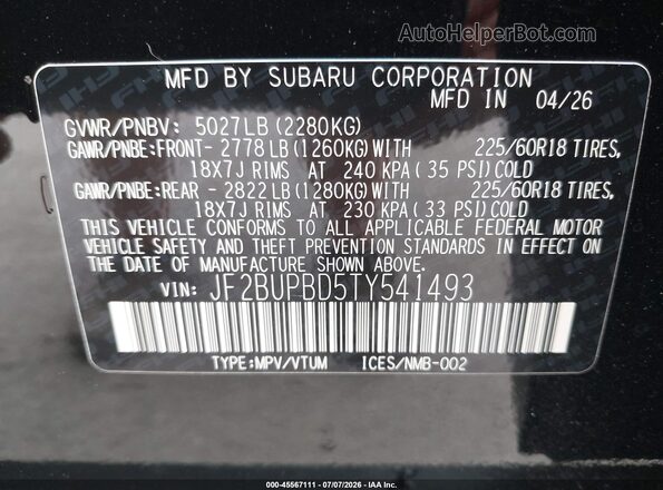JF2BUPBD5TY541493 2026 SUBARU OUTBACK Black Engine compartment view