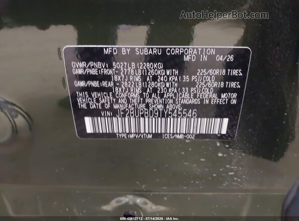 JF2BUPBD9TY545546 2026 SUBARU OUTBACK Green ძრავის განყოფილების ხედი