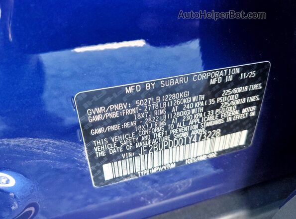 JF2BUPDD0TY473228 2026 SUBARU OUTBACK Blue VIN sticker view