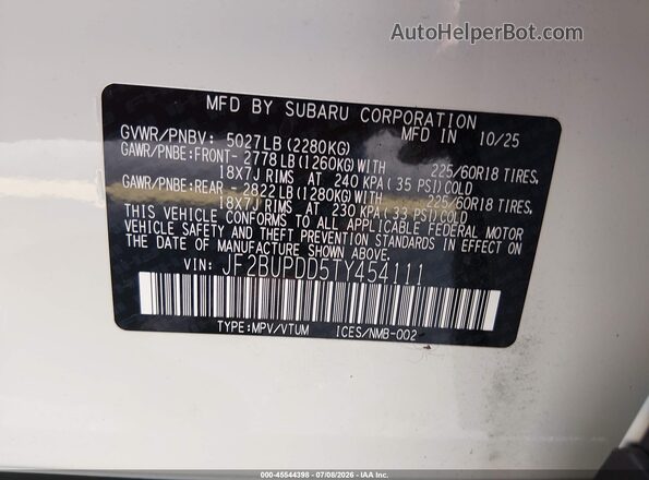JF2BUPDD5TY454111 2026 SUBARU OUTBACK White Engine compartment view