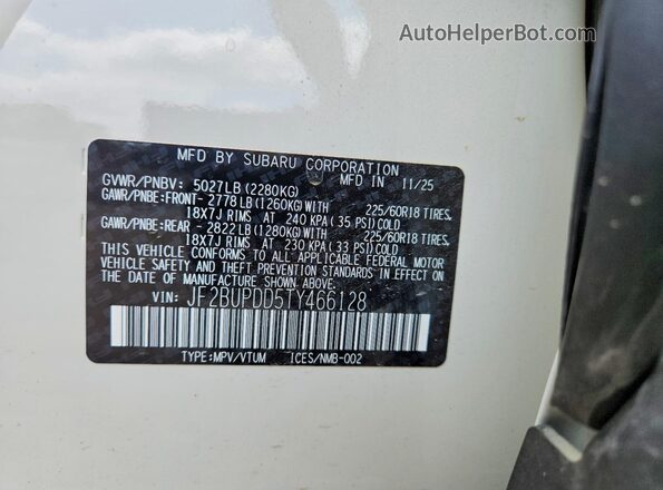 JF2BUPDD5TY466128 2026 SUBARU OUTBACK Белый Вид наклейки с VIN-кодом