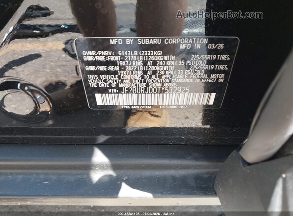 JF2BURJD0TY532925 2026 SUBARU OUTBACK Black Vista del compartimento del motor