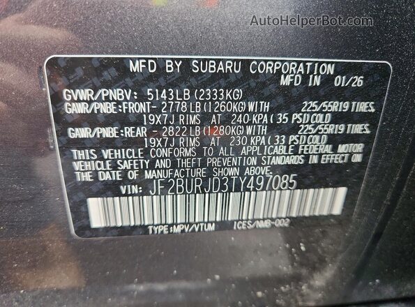 JF2BURJD3TY497085 2026 SUBARU OUTBACK Gray VIN sticker view