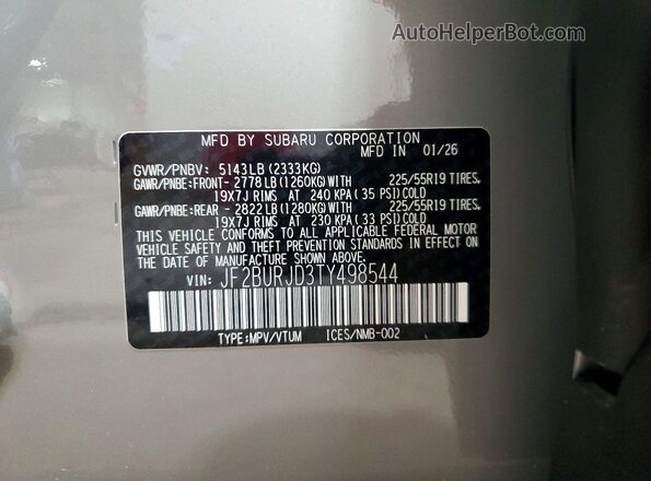JF2BURJD3TY498544 2026 SUBARU OUTBACK Серый Вид наклейки с VIN-кодом