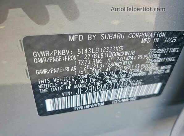 JF2BURMD3TY482646 2026 SUBARU OUTBACK Серый Вид подкапотного пространства