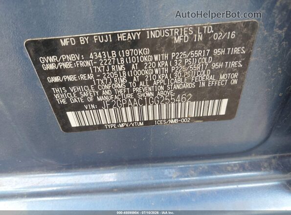 JF2GPAAC1GG255462 2016 SUBARU CROSSTREK Blue Вид підкапотного простору