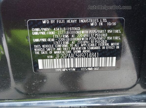 JF2GPAAC5H9214841 2017 SUBARU CROSSTREK Gray Вид підкапотного простору