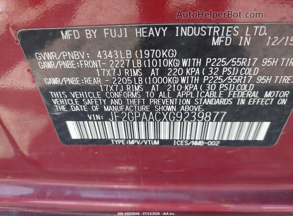 JF2GPAACXG9239877 2016 SUBARU CROSSTREK Red Widok komory silnika