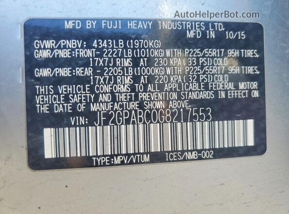 JF2GPABC0G8217553 2016 SUBARU CROSSTREK Silver Սալոնի 360 աստիճան տեսք