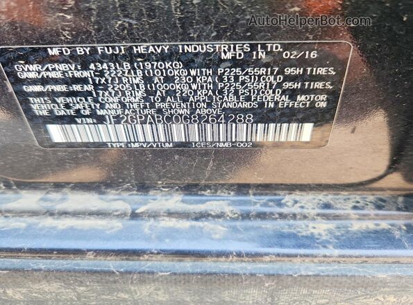 JF2GPABC0G8264288 2016 SUBARU CROSSTREK Charcoal სალონის 360-გრადუსიანი ხედი