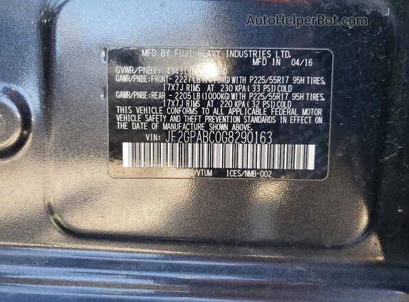 JF2GPABC0G8290163 2016 SUBARU CROSSTREK Gray VIN sticker view