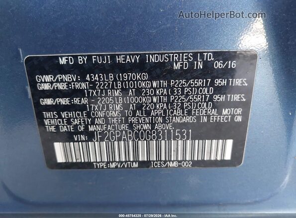 JF2GPABC0G8311531 2016 SUBARU CROSSTREK Light Blue Widok komory silnika