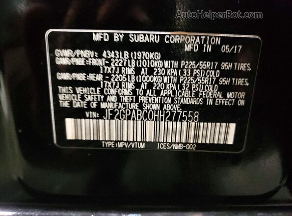JF2GPABC0HH277558 2017 SUBARU CROSSTREK Black Вид наклейки з VIN-кодом