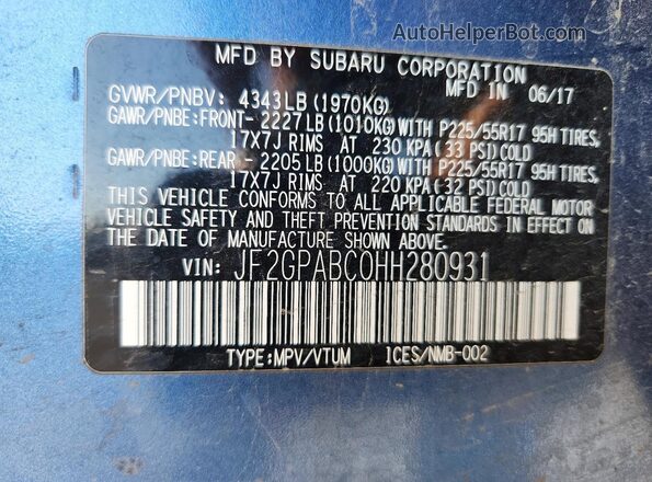 JF2GPABC0HH280931 2017 SUBARU CROSSTREK Blue ძრავის განყოფილების ხედი