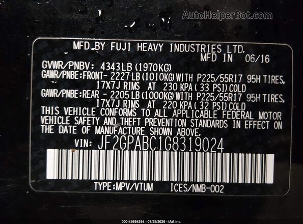 JF2GPABC1G8319024 2016 SUBARU CROSSTREK Черный Вид подкапотного пространства
