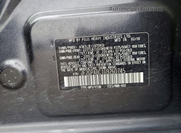 JF2GPABC1G9260745 2016 SUBARU CROSSTREK Серый Вид подкапотного пространства