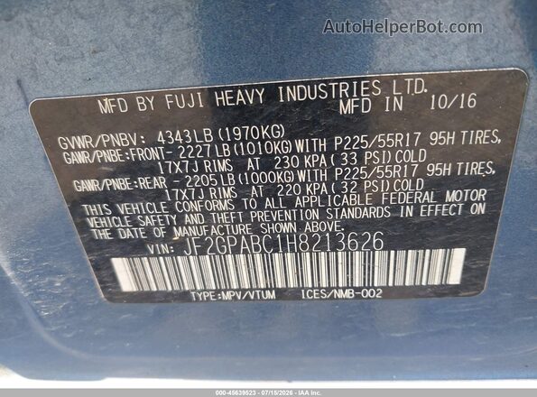 JF2GPABC1H8213626 2017 SUBARU CROSSTREK Blue Vista del compartimento del motor