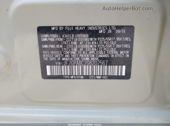 JF2GPABC2G8202567 2016 SUBARU CROSSTREK Tan Շարժիչի բաժամունքի տեսք