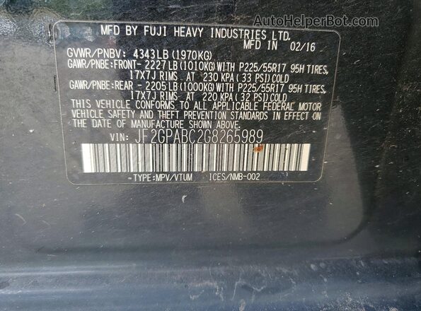 JF2GPABC2G8265989 2016 SUBARU CROSSTREK Black VIN კოდის სტიკერის ხედი