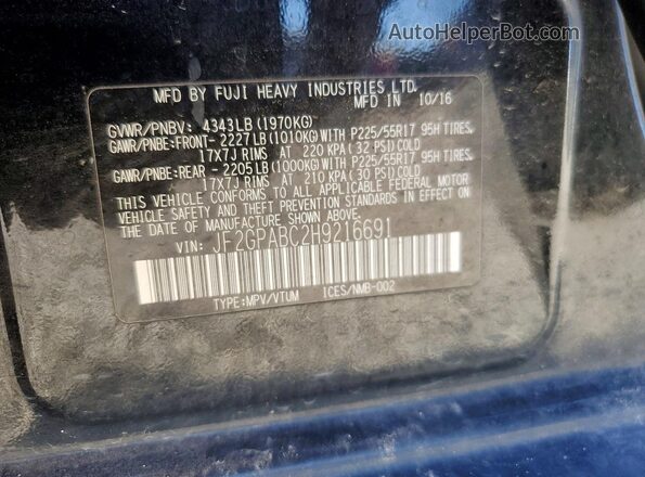 JF2GPABC2H9216691 2017 SUBARU CROSSTREK Black VIN კოდის სტიკერის ხედი
