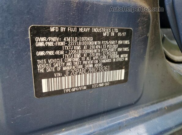JF2GPABC2HH238261 2017 SUBARU CROSSTREK Blue VIN კოდის სტიკერის ხედი