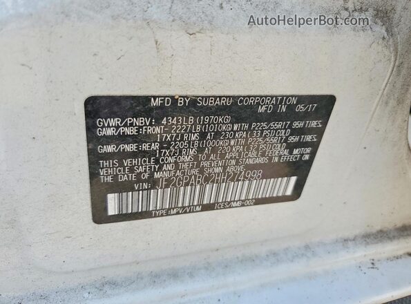 JF2GPABC2HH274998 2017 SUBARU CROSSTREK White Вид наклейки з VIN-кодом