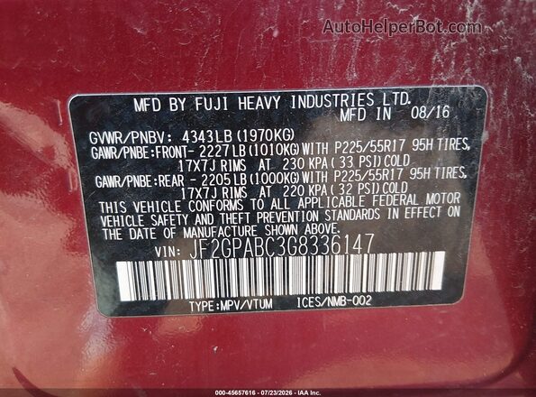 JF2GPABC3G8336147 2016 SUBARU CROSSTREK Maroon Engine compartment view