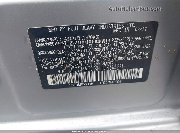 JF2GPABC3HH249429 2017 SUBARU CROSSTREK Silver Vista del compartimento del motor