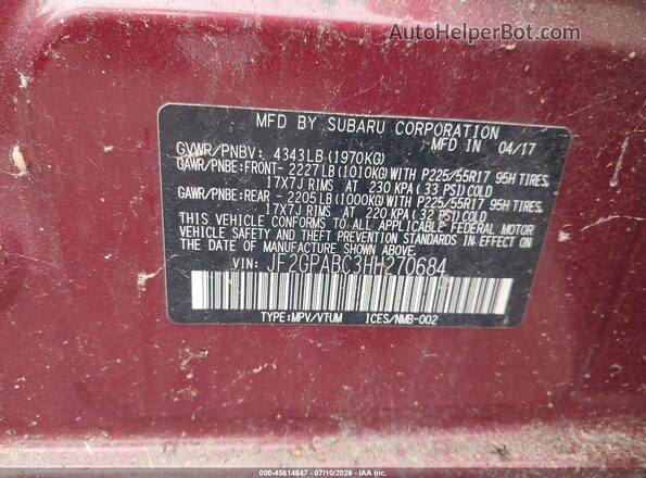 JF2GPABC3HH270684 2017 SUBARU CROSSTREK Red Engine compartment view