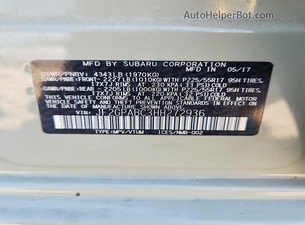 JF2GPABC3HH272936 2017 SUBARU CROSSTREK Green Vista de la etiqueta del VIN