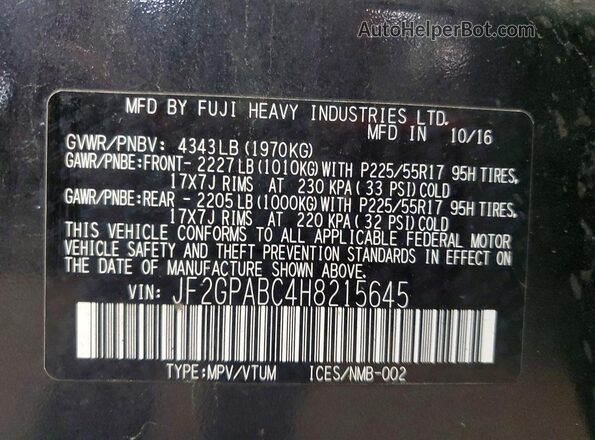 JF2GPABC4H8215645 2017 SUBARU CROSSTREK Gray VIN კოდის სტიკერის ხედი