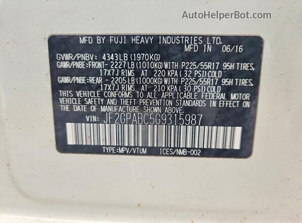 JF2GPABC5G9315987 2016 SUBARU CROSSTREK White Панорамний вид салону 360°